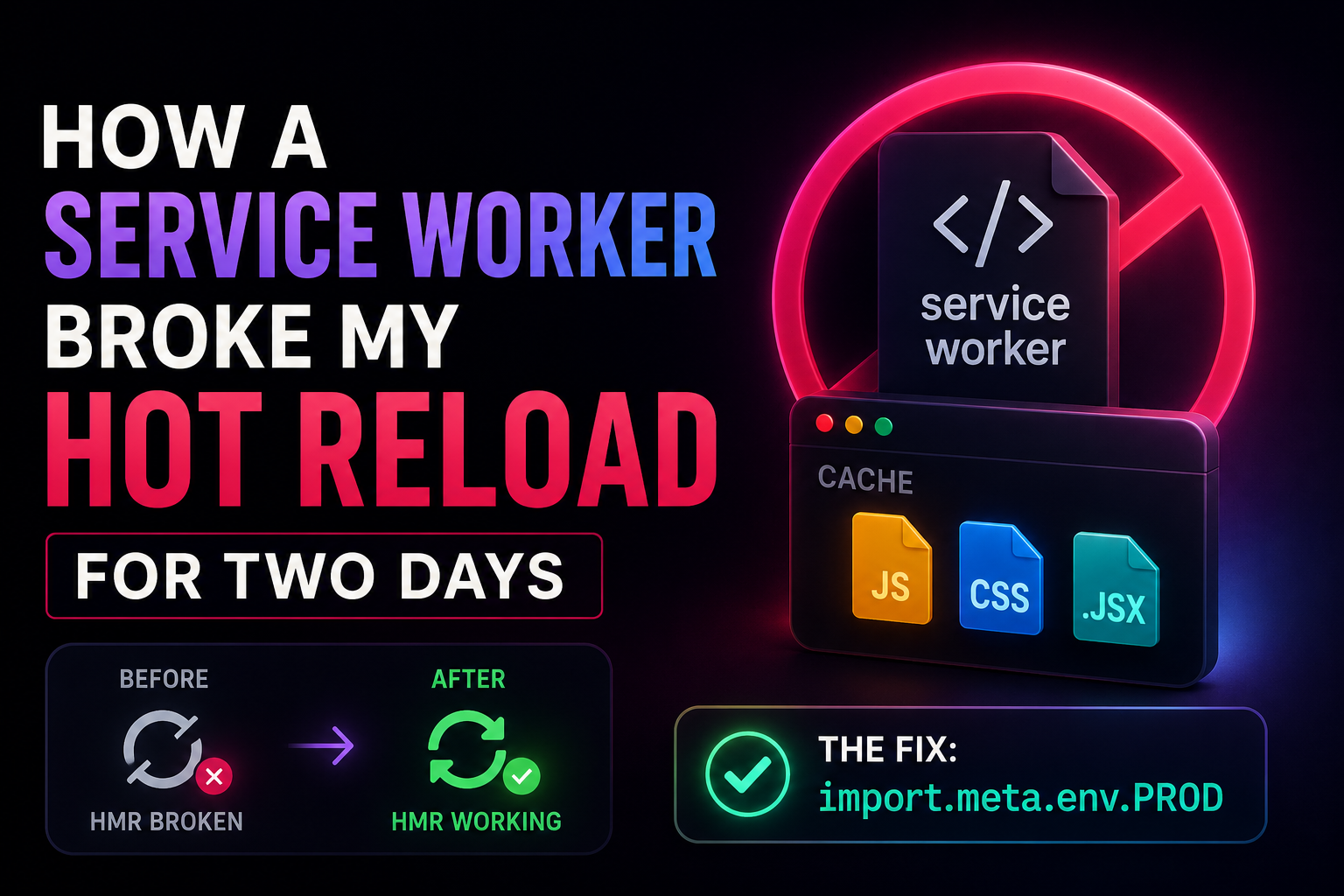 Developer debugging service worker issue causing broken hot reload in development environment